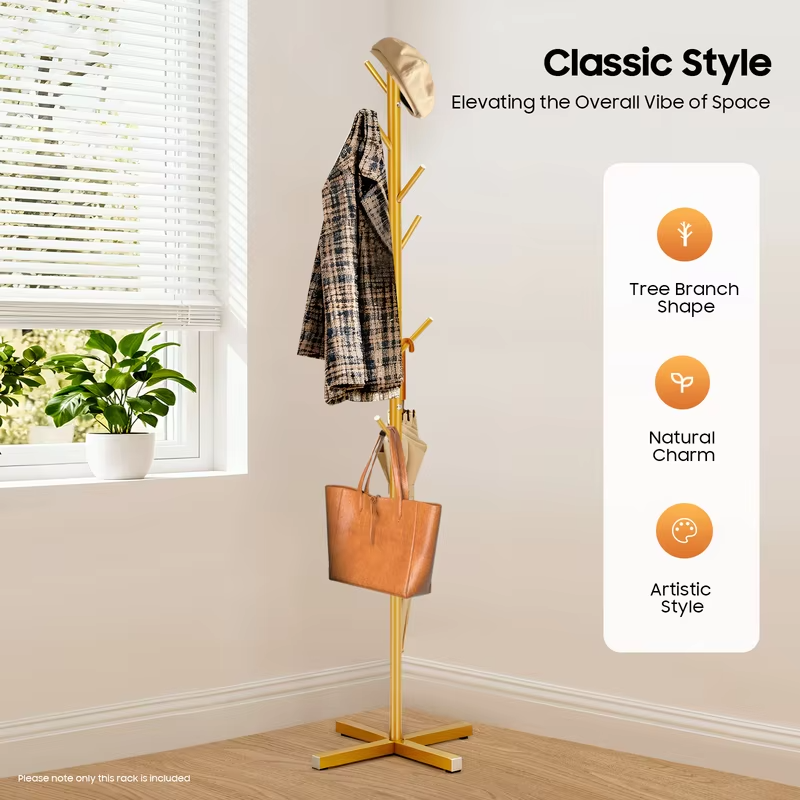 Gold Metal Coat Rack Tree-Shaped Vertical 7 Rod Floor Standing Hanger Storage Rack Coat Hat Scarf Holder for Bedroom Entrance