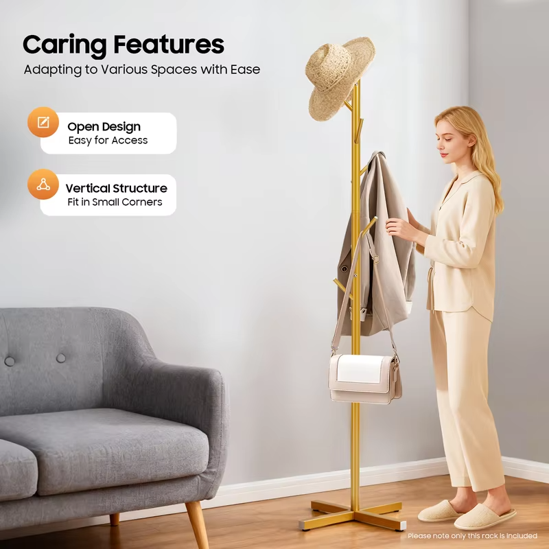 Gold Metal Coat Rack Tree-Shaped Vertical 7 Rod Floor Standing Hanger Storage Rack Coat Hat Scarf Holder for Bedroom Entrance