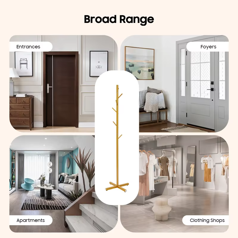 Gold Metal Coat Rack Tree-Shaped Vertical 7 Rod Floor Standing Hanger Storage Rack Coat Hat Scarf Holder for Bedroom Entrance