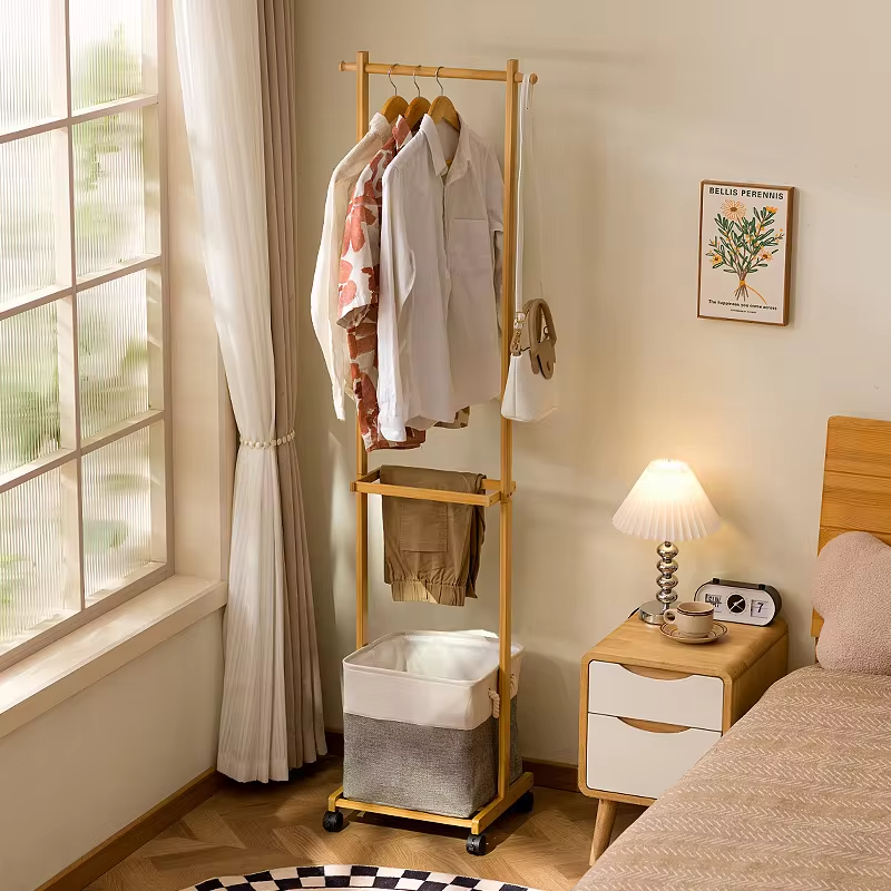 Light Luxury Mobile Pulley Bamboo Hanger, High-End Sensory Hat Rack, Movable Hat Rack, Mobile Drying Rack, Cloth Bag Storage Box
