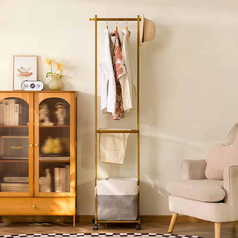 Light Luxury Mobile Pulley Bamboo Hanger, High-End Sensory Hat Rack, Movable Hat Rack, Mobile Drying Rack, Cloth Bag Storage Box