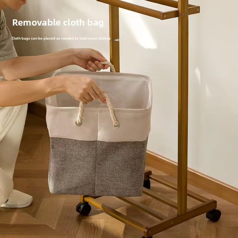 Light Luxury Mobile Pulley Bamboo Hanger, High-End Sensory Hat Rack, Movable Hat Rack, Mobile Drying Rack, Cloth Bag Storage Box