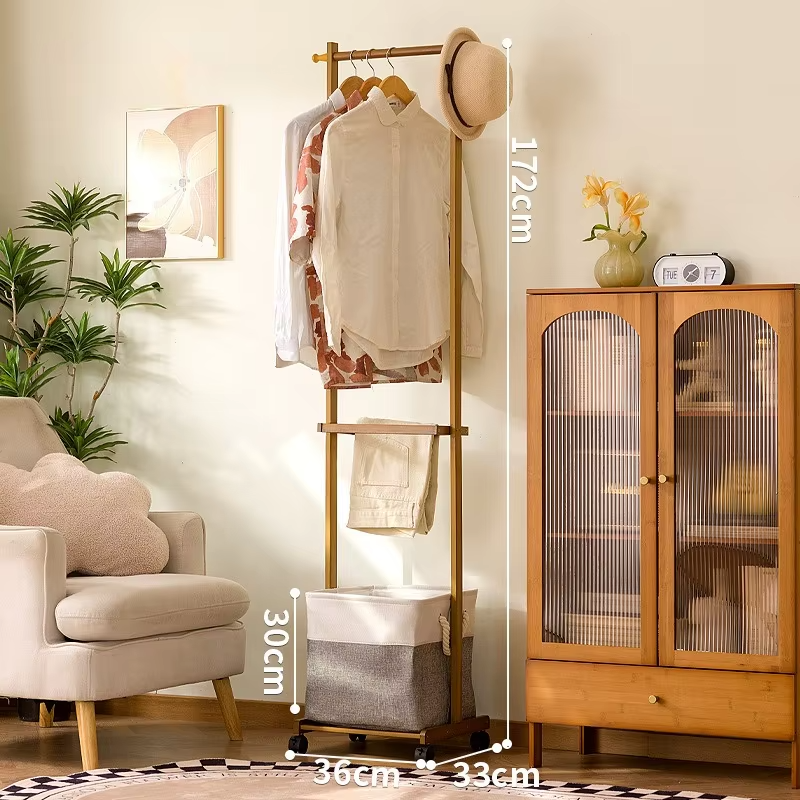 Light Luxury Mobile Pulley Bamboo Hanger, High-End Sensory Hat Rack, Movable Hat Rack, Mobile Drying Rack, Cloth Bag Storage Box