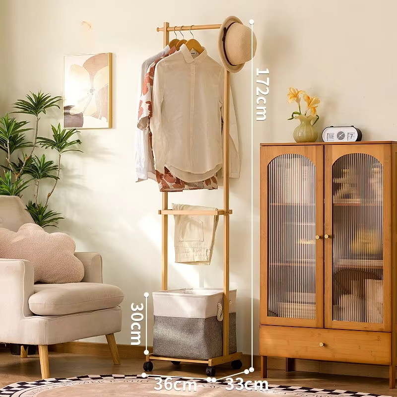 Light Luxury Mobile Pulley Bamboo Hanger, High-End Sensory Hat Rack, Movable Hat Rack, Mobile Drying Rack, Cloth Bag Storage Box