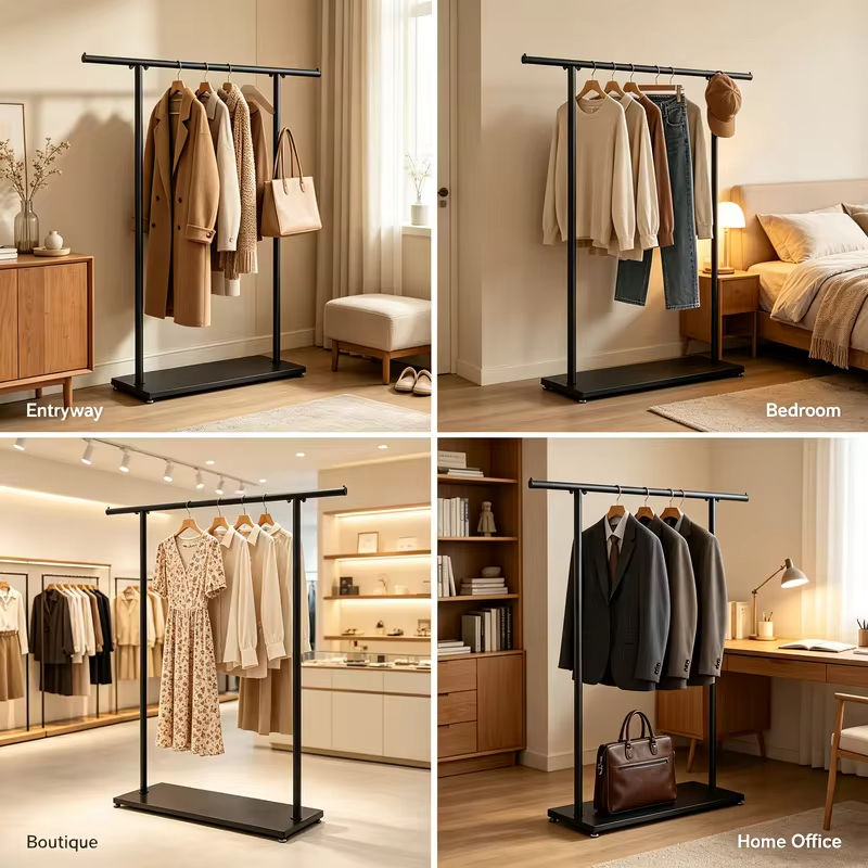 Freestanding Metal Coat Rack with Base, Modern Clothes Stand for Entryway Bedroom, 51.18" Tall Holds Coats Bags Scarves, Black