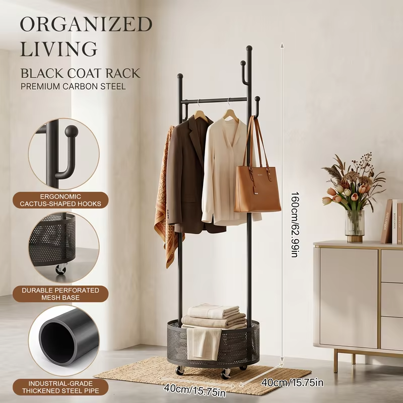 Nordic Floor-Standing Bedroom Simple Wheeled Mobile Household Storage Rack Rack with 4 Hooks & Mesh Storage Basket,Light Luxury Rotating Coat Rack Multi-Functional Iron Clothes for Entryway, Bedroom, Closet