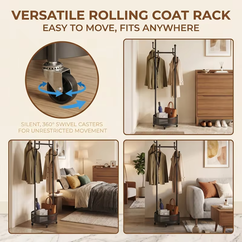 Nordic Floor-Standing Bedroom Simple Wheeled Mobile Household Storage Rack Rack with 4 Hooks & Mesh Storage Basket,Light Luxury Rotating Coat Rack Multi-Functional Iron Clothes for Entryway, Bedroom, Closet