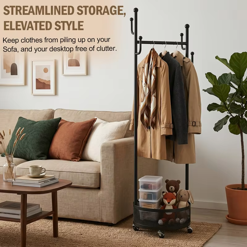 Nordic Floor-Standing Bedroom Simple Wheeled Mobile Household Storage Rack Rack with 4 Hooks & Mesh Storage Basket,Light Luxury Rotating Coat Rack Multi-Functional Iron Clothes for Entryway, Bedroom, Closet