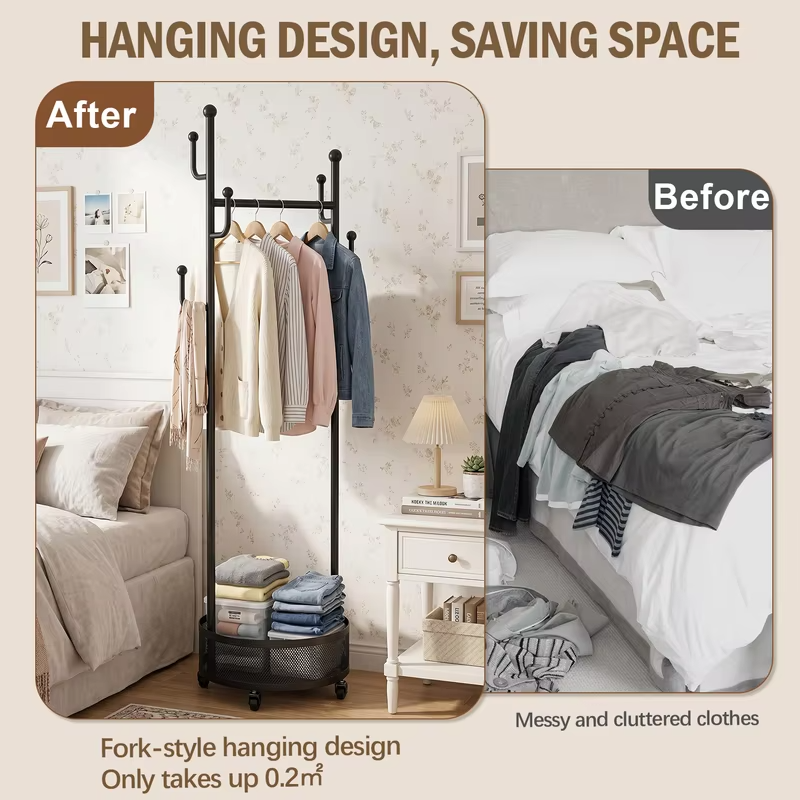 Nordic Floor-Standing Bedroom Simple Wheeled Mobile Household Storage Rack Rack with 4 Hooks & Mesh Storage Basket,Light Luxury Rotating Coat Rack Multi-Functional Iron Clothes for Entryway, Bedroom, Closet