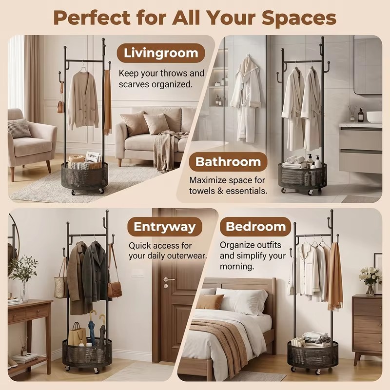 Nordic Floor-Standing Bedroom Simple Wheeled Mobile Household Storage Rack Rack with 4 Hooks & Mesh Storage Basket,Light Luxury Rotating Coat Rack Multi-Functional Iron Clothes for Entryway, Bedroom, Closet