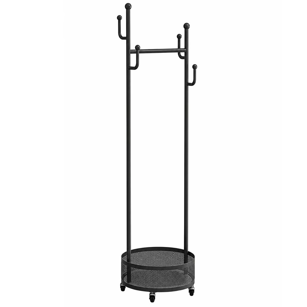 Nordic Floor-Standing Bedroom Simple Wheeled Mobile Household Storage Rack Rack with 4 Hooks & Mesh Storage Basket,Light Luxury Rotating Coat Rack Multi-Functional Iron Clothes for Entryway, Bedroom, Closet