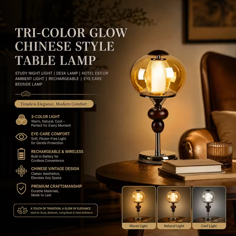 WWPPU Chinese Vintage Table Lamp Wood Base Glass Sconce Touch Dimming 3 Colors Cordless Rechargeable Bedside Desk Night Light