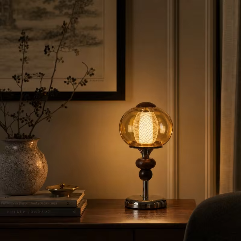 WWPPU Chinese Vintage Table Lamp Wood Base Glass Sconce Touch Dimming 3 Colors Cordless Rechargeable Bedside Desk Night Light