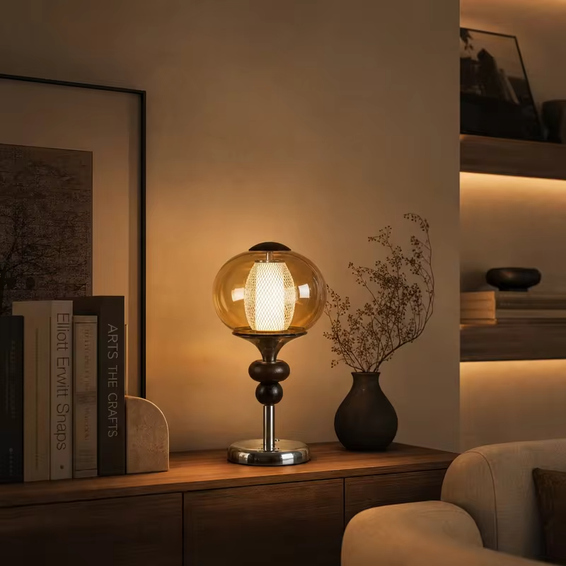 WWPPU Chinese Vintage Table Lamp Wood Base Glass Sconce Touch Dimming 3 Colors Cordless Rechargeable Bedside Desk Night Light