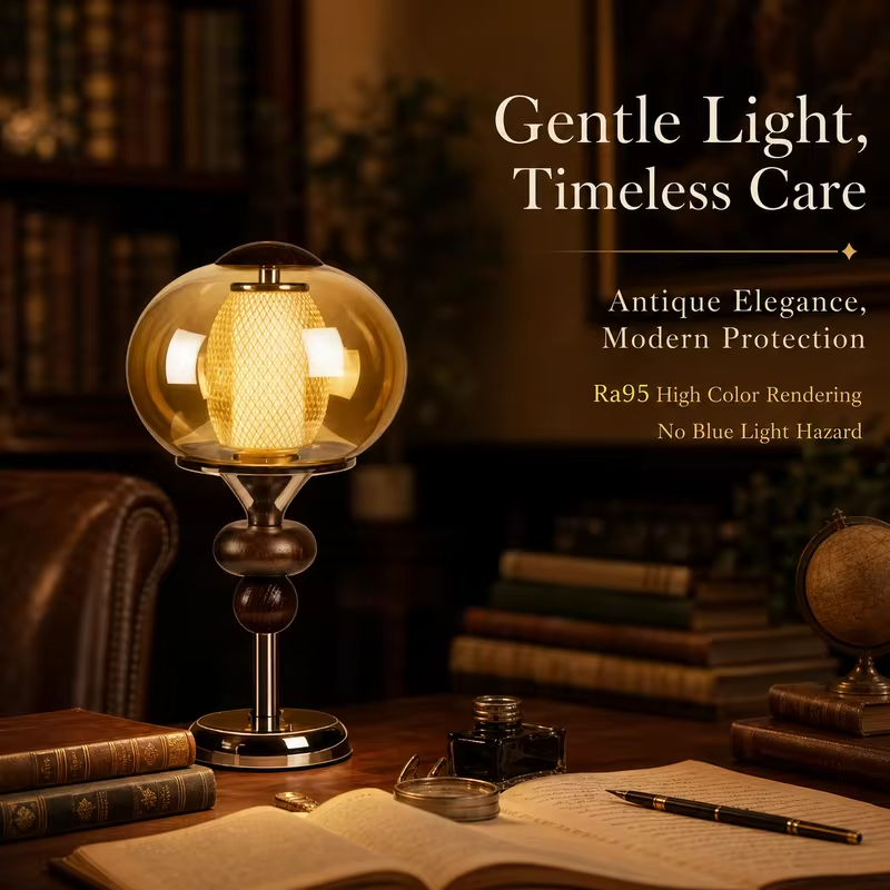 WWPPU Chinese Vintage Table Lamp Wood Base Glass Sconce Touch Dimming 3 Colors Cordless Rechargeable Bedside Desk Night Light