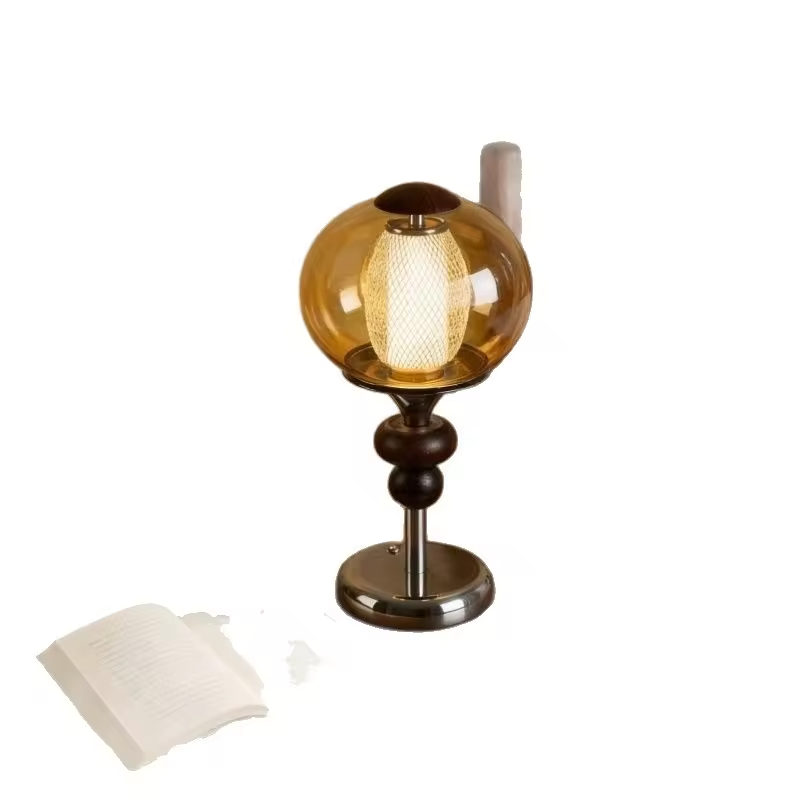 WWPPU Chinese Vintage Table Lamp Wood Base Glass Sconce Touch Dimming 3 Colors Cordless Rechargeable Bedside Desk Night Light