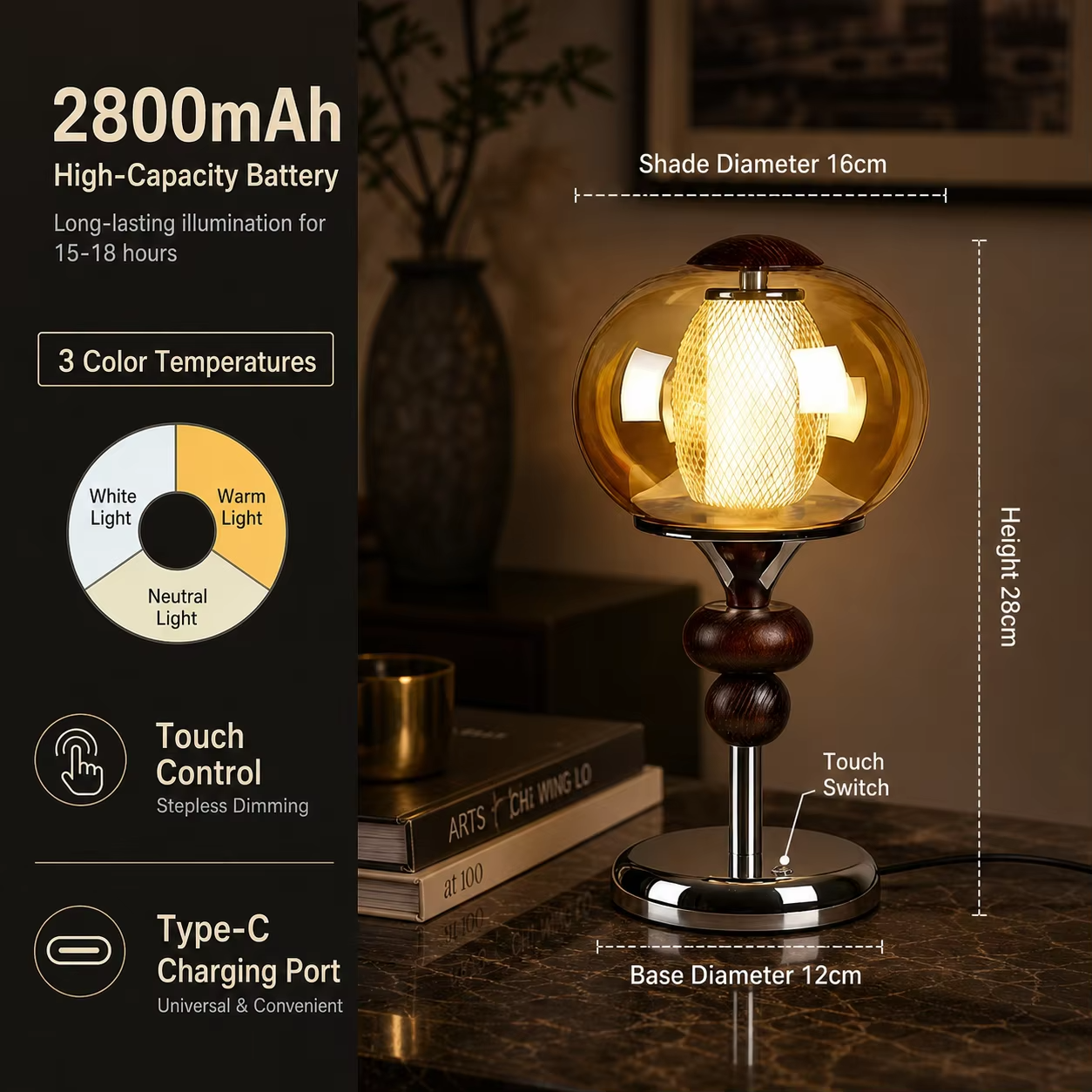 WWPPU Chinese Vintage Table Lamp Wood Base Glass Sconce Touch Dimming 3 Colors Cordless Rechargeable Bedside Desk Night Light