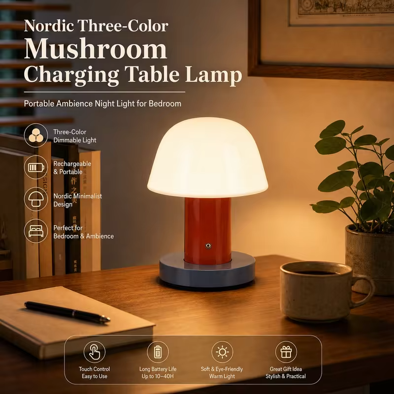 WWPPU Nordic Mushroom Table Lamp 3 Color Touch Dimming Rechargeable Portable LED Night Light for Bedroom Living Room Outdoor
