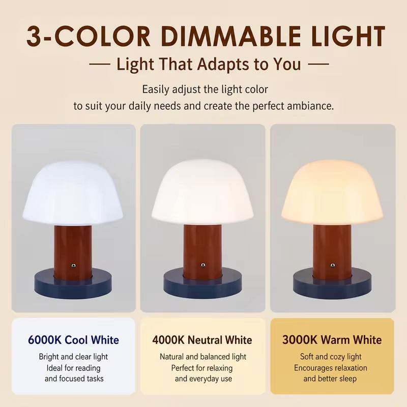 WWPPU Nordic Mushroom Table Lamp 3 Color Touch Dimming Rechargeable Portable LED Night Light for Bedroom Living Room Outdoor