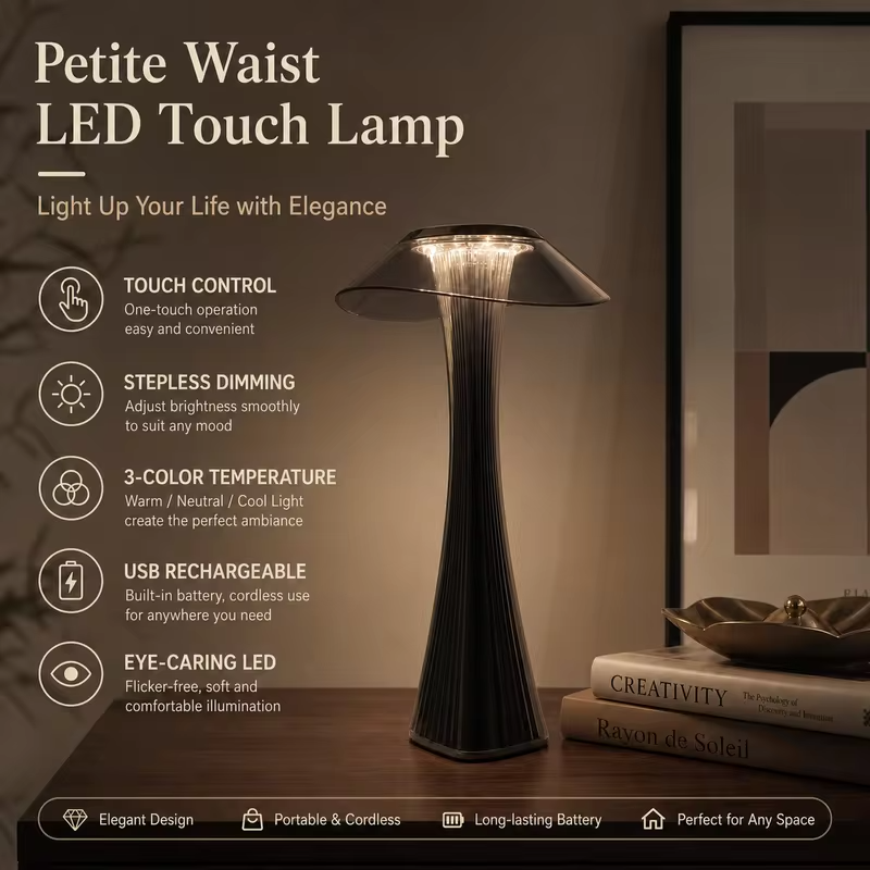 WWPPU Petite Waist LED Table Lamp Stepless Dimming Touch Control USB Rechargeable Desk Light Modern Bedside Coffee Bar Lamp