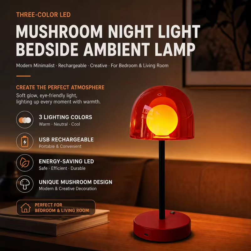 WWPPU Mushroom LED Table Lamp Touch Control Stepless Dimming 3 Colors Cordless Rechargeable Bedside Desk Ambient Night Light