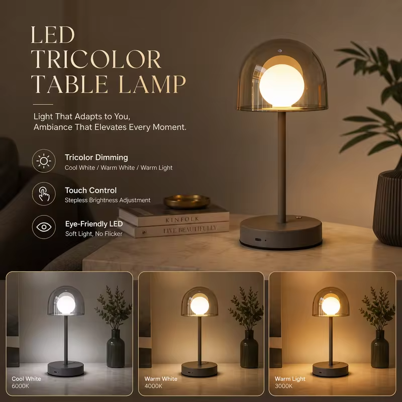 WWPPU Mushroom LED Table Lamp Touch Control Stepless Dimming 3 Colors Cordless Rechargeable Bedside Desk Ambient Night Light