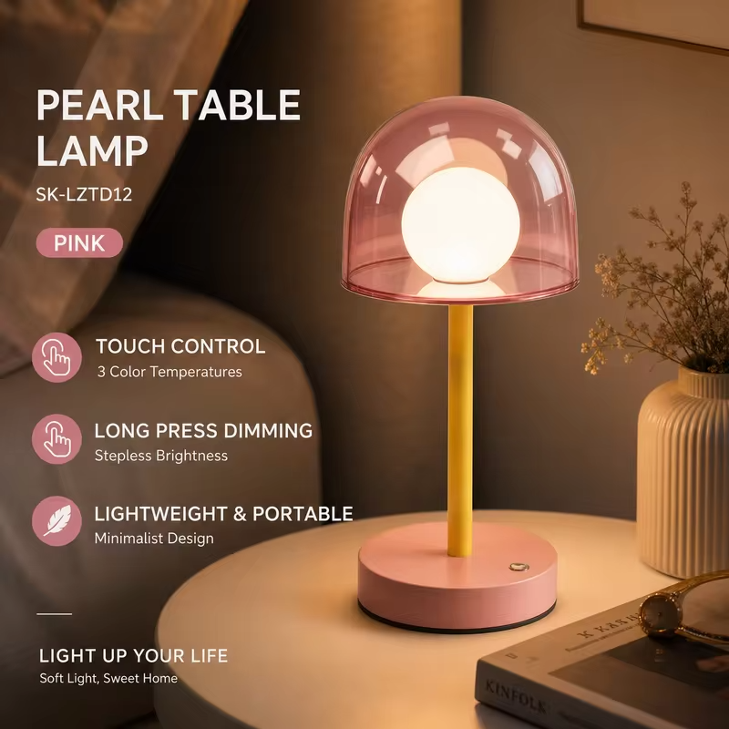 WWPPU Mushroom LED Table Lamp Touch Control Stepless Dimming 3 Colors Cordless Rechargeable Bedside Desk Ambient Night Light