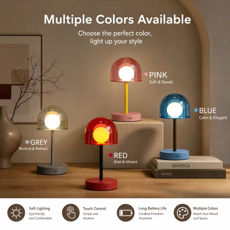 WWPPU Mushroom LED Table Lamp Touch Control Stepless Dimming 3 Colors Cordless Rechargeable Bedside Desk Ambient Night Light