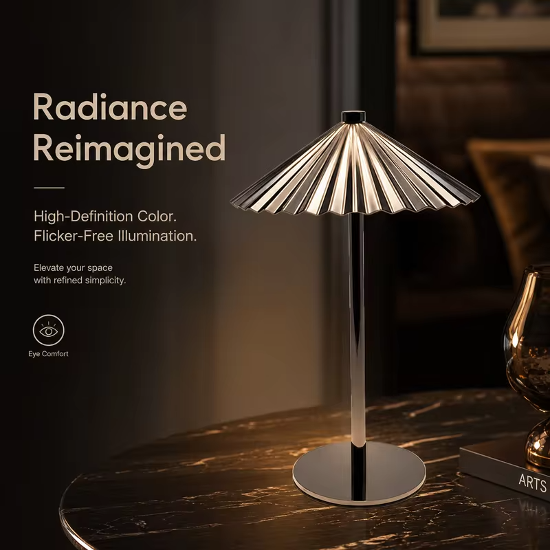 WWPPU Pleated Umbrella Metal Table Lamp 3 Color Touch Stepless Dimming USB Rechargeable Cordless Bedside Night Light