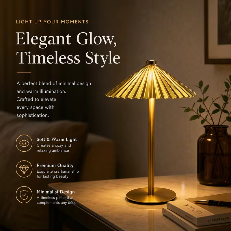 WWPPU Pleated Umbrella Metal Table Lamp 3 Color Touch Stepless Dimming USB Rechargeable Cordless Bedside Night Light