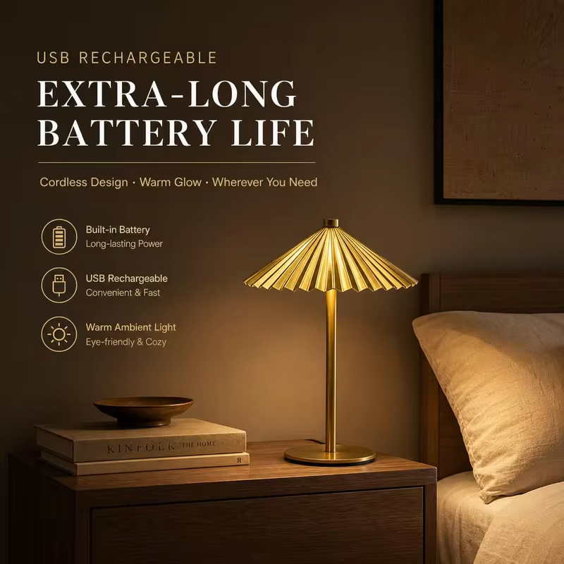 WWPPU Pleated Umbrella Metal Table Lamp 3 Color Touch Stepless Dimming USB Rechargeable Cordless Bedside Night Light