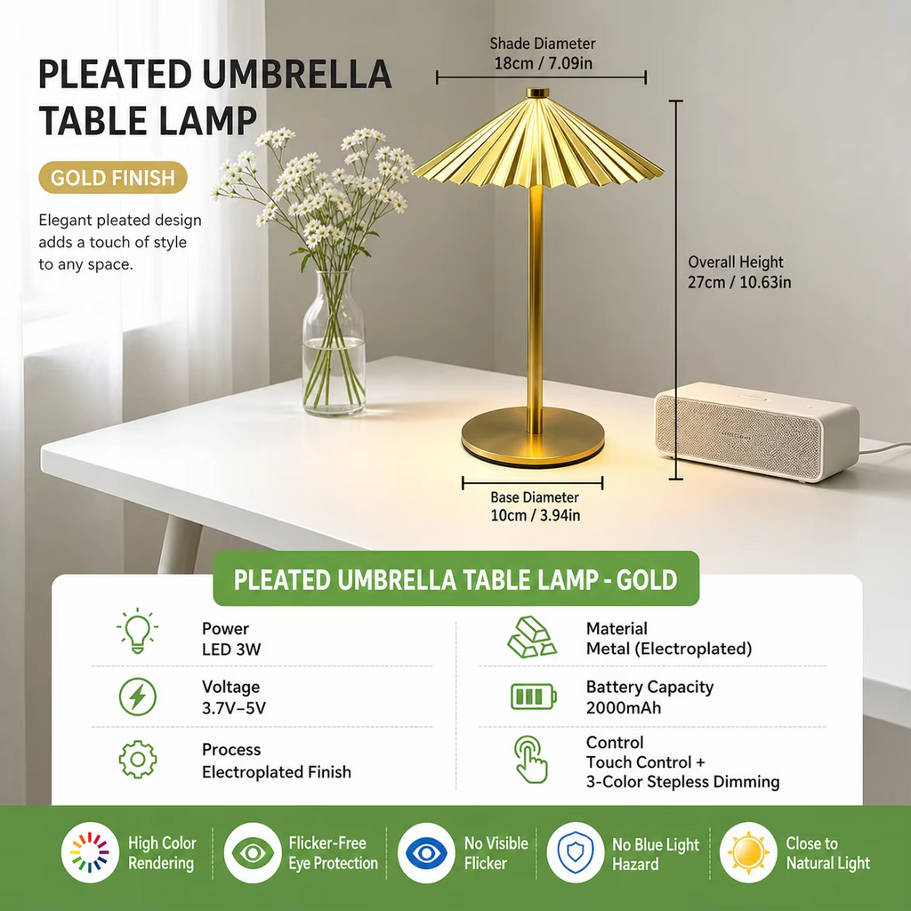 WWPPU Pleated Umbrella Metal Table Lamp 3 Color Touch Stepless Dimming USB Rechargeable Cordless Bedside Night Light