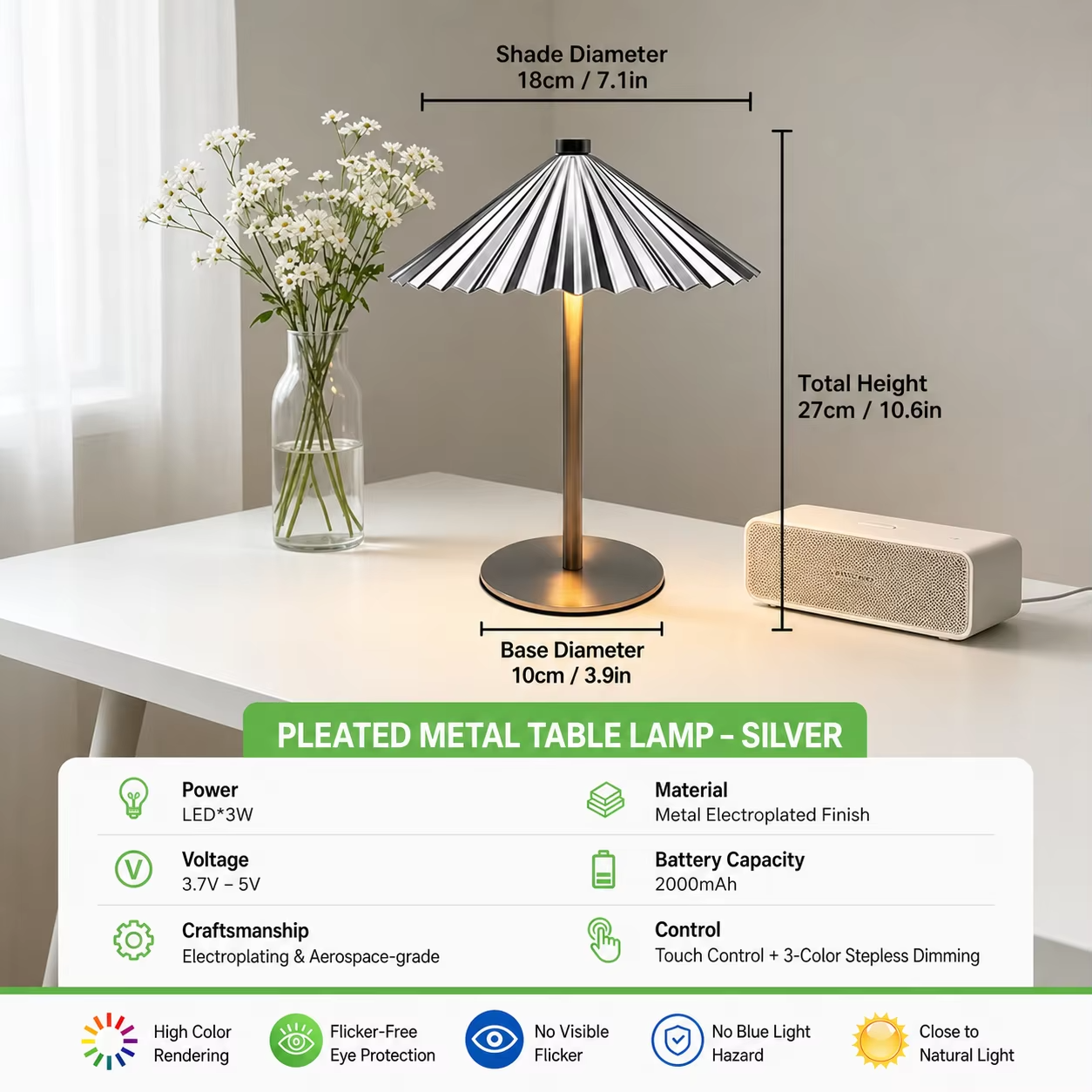 WWPPU Pleated Umbrella Metal Table Lamp 3 Color Touch Stepless Dimming USB Rechargeable Cordless Bedside Night Light
