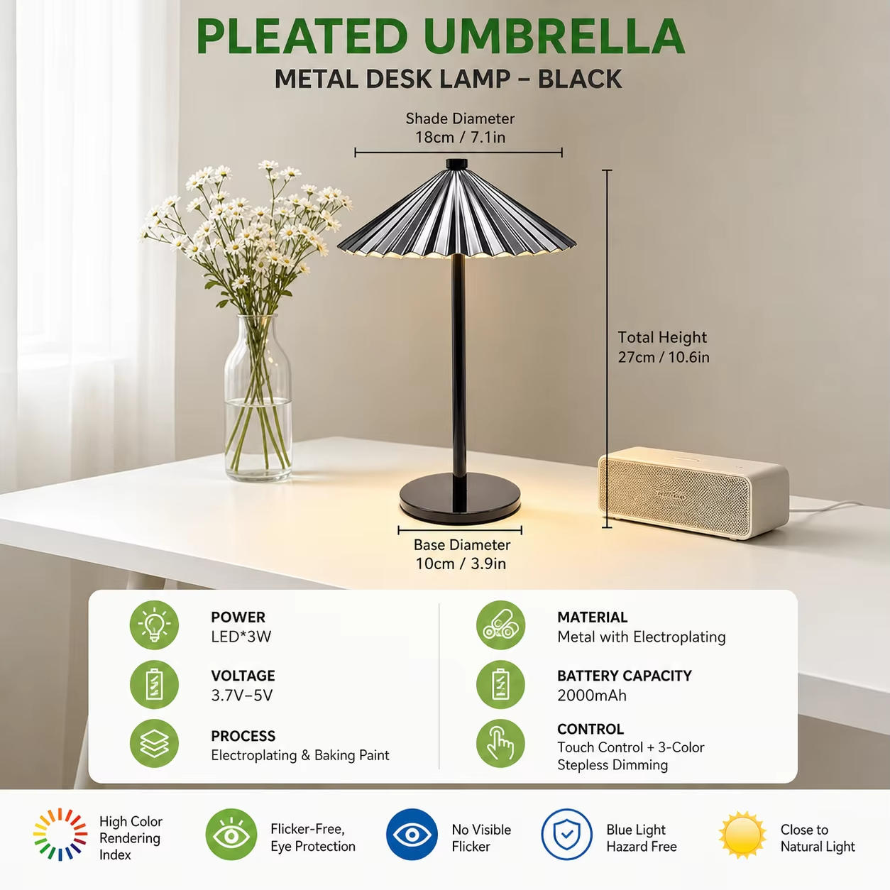 WWPPU Pleated Umbrella Metal Table Lamp 3 Color Touch Stepless Dimming USB Rechargeable Cordless Bedside Night Light