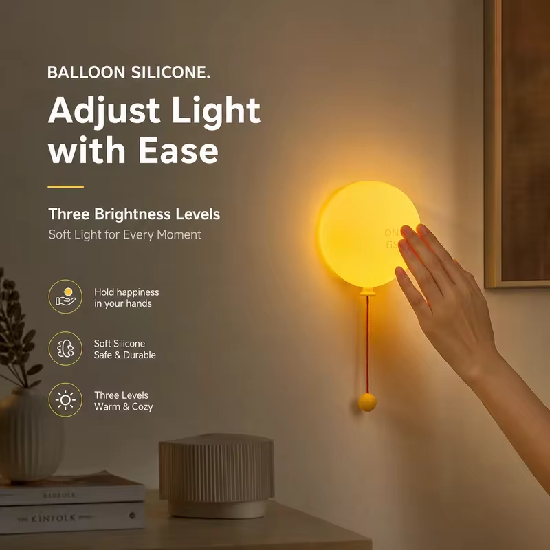WWPPU Balloon LED Night Light with Pull String Switch Touch Sensor 3 Colors Silicone Sconce Wall Mounted Bedside Desk Lamp