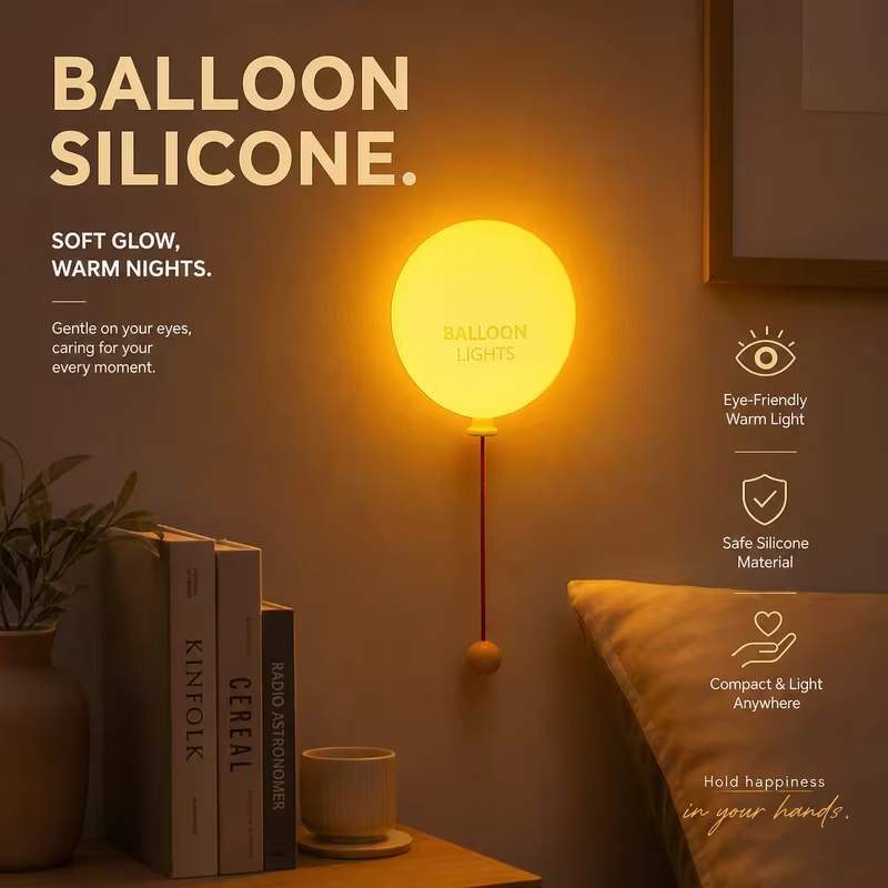 WWPPU Balloon LED Night Light with Pull String Switch Touch Sensor 3 Colors Silicone Sconce Wall Mounted Bedside Desk Lamp