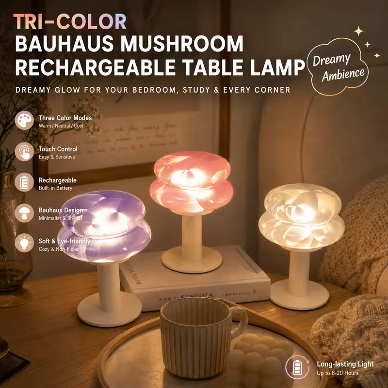 WWPPU Bauhaus Mushroom Table Lamp Rechargeable Touch Control 3 Colors Cordless Glass Desk Light Bedroom Bedside Night Lamp