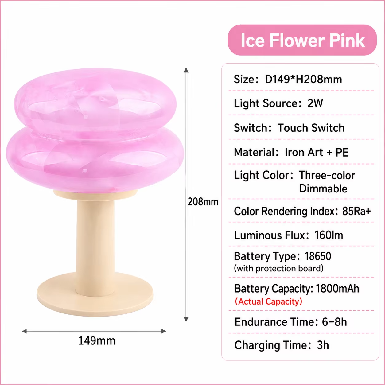 WWPPU Bauhaus Mushroom Table Lamp Rechargeable Touch Control 3 Colors Cordless Glass Desk Light Bedroom Bedside Night Lamp