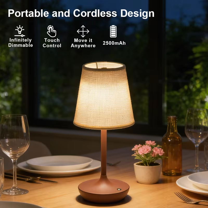 Wireless LED Table Lamp Vintage Lampshade Fabric Shade Portable Desk Light 2500mAh Bedside Lamp for Bedroom Night Light
