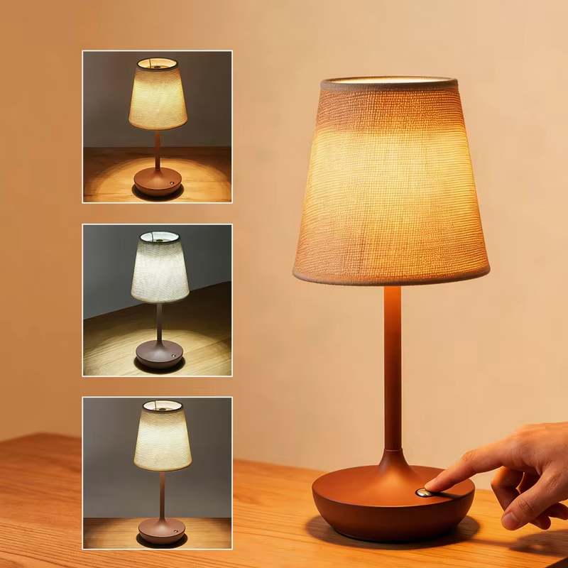 Wireless LED Table Lamp Vintage Lampshade Fabric Shade Portable Desk Light 2500mAh Bedside Lamp for Bedroom Night Light