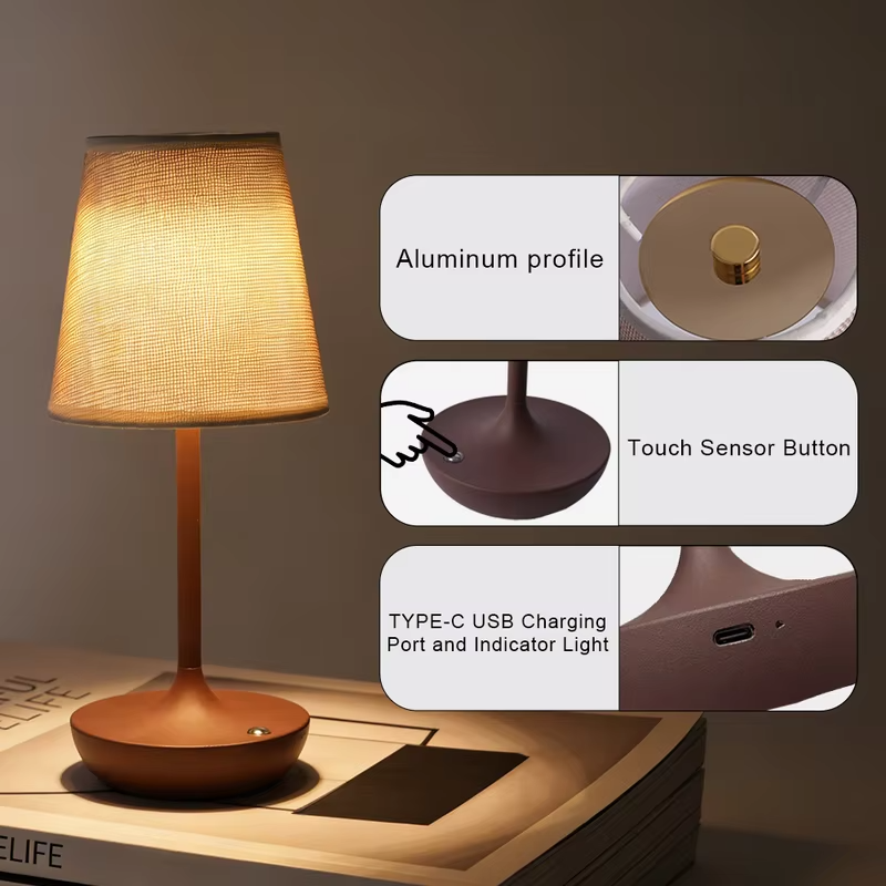 Wireless LED Table Lamp Vintage Lampshade Fabric Shade Portable Desk Light 2500mAh Bedside Lamp for Bedroom Night Light