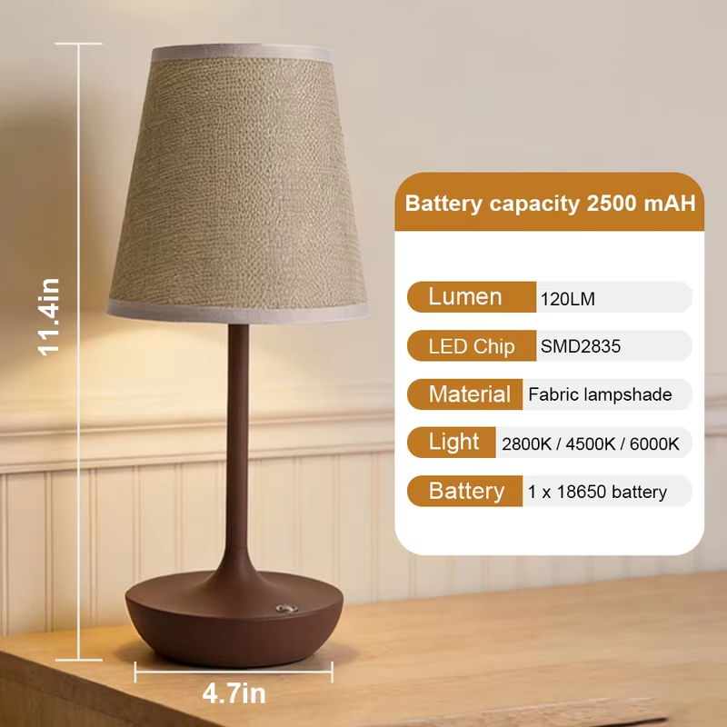 Wireless LED Table Lamp Vintage Lampshade Fabric Shade Portable Desk Light 2500mAh Bedside Lamp for Bedroom Night Light