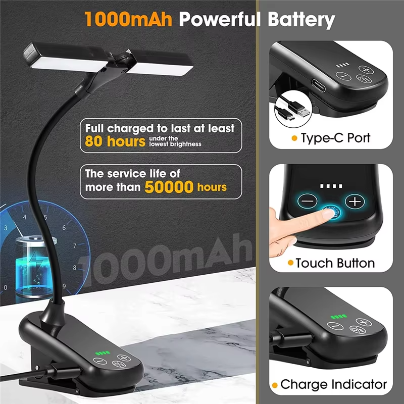 Rechargeable Book Light in Bed 2 Adjustable LED Clip-on Read Light Portable Book Reading Lamp Mini Night Light For Kids Bedroom