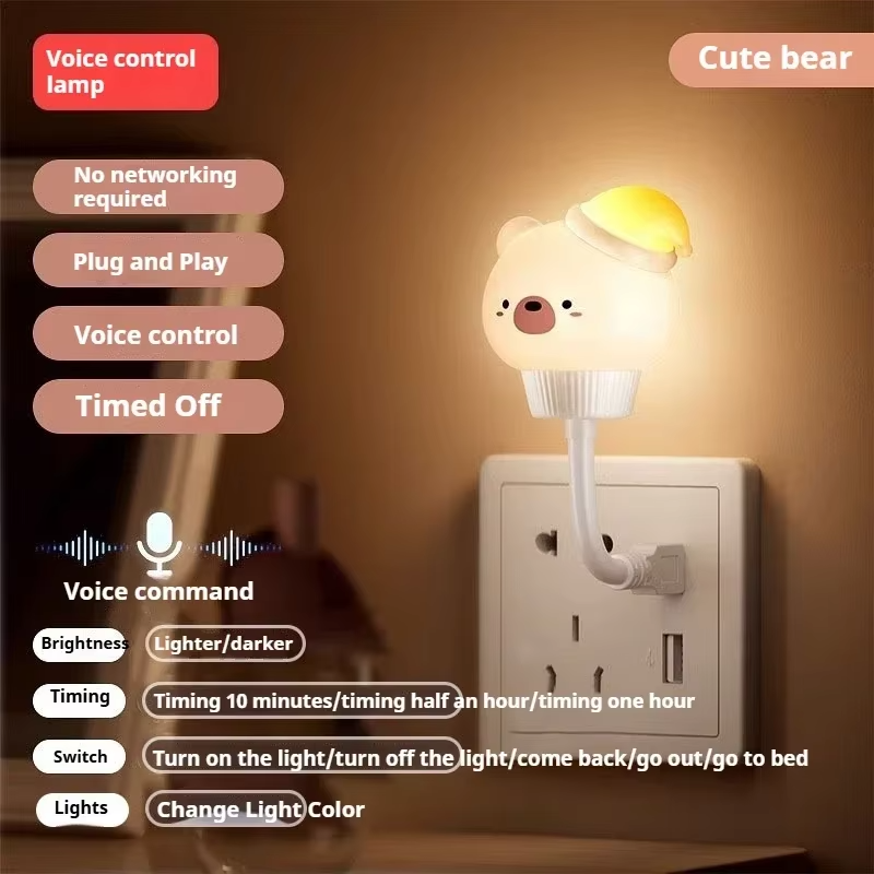 USB LED Night Light Cute Cartoon Voice Control Lamp Bear Kitten forBaby Kid Bedroom Eye Protection Decoration Bedside Night Lamp
