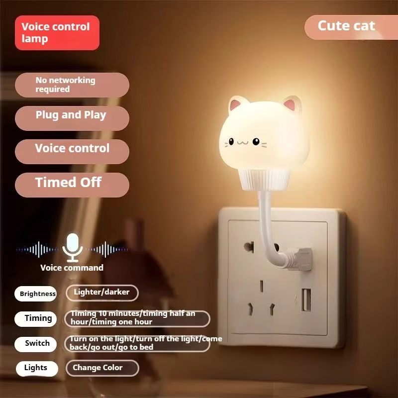 USB LED Night Light Cute Cartoon Voice Control Lamp Bear Kitten forBaby Kid Bedroom Eye Protection Decoration Bedside Night Lamp