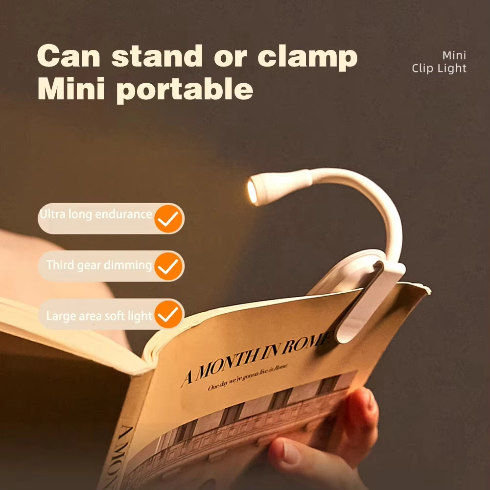 Mini LED Book Light 3 Brightness Adjustable USB Rechargeable Clip-On Study Reading Lamp for Travel Bedroom Dormitory Reading